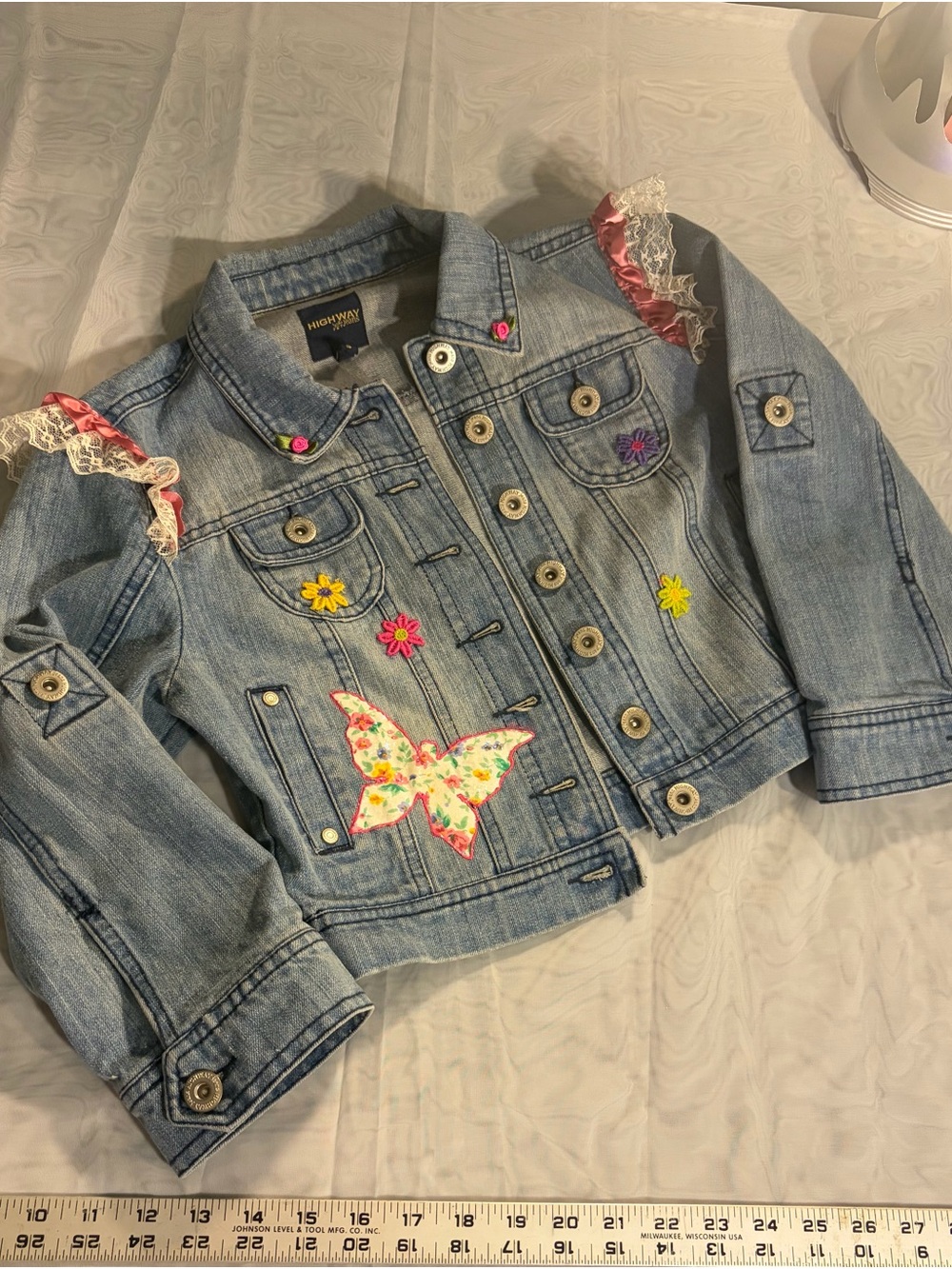 Kids Light Blue Denim Jacket with Butterfly & Floral Embroidery
